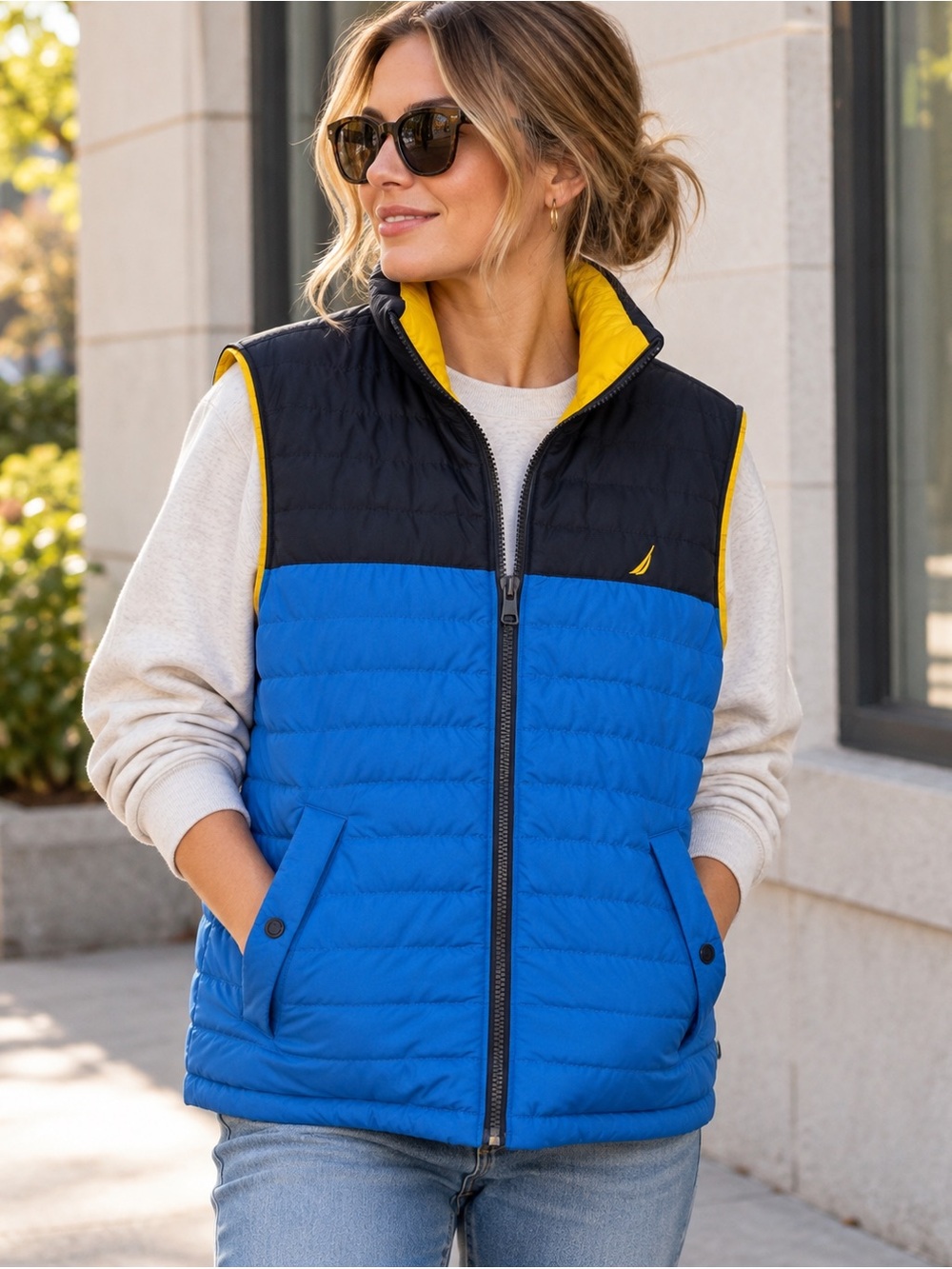 Nautica Reversible Puffer Vest Blue Black Yellow Down Fill Small